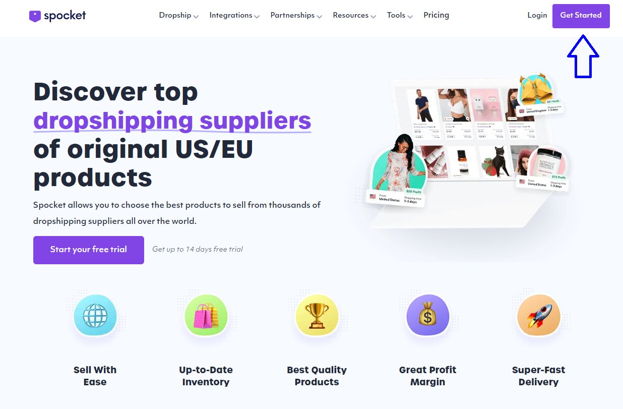 Get Started button on Spocket